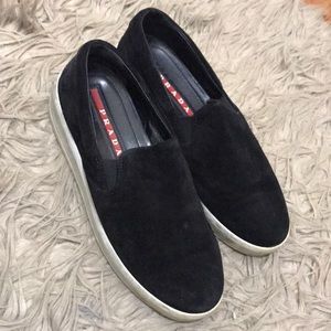Black Suede Prada Slip Ons - with box and bag